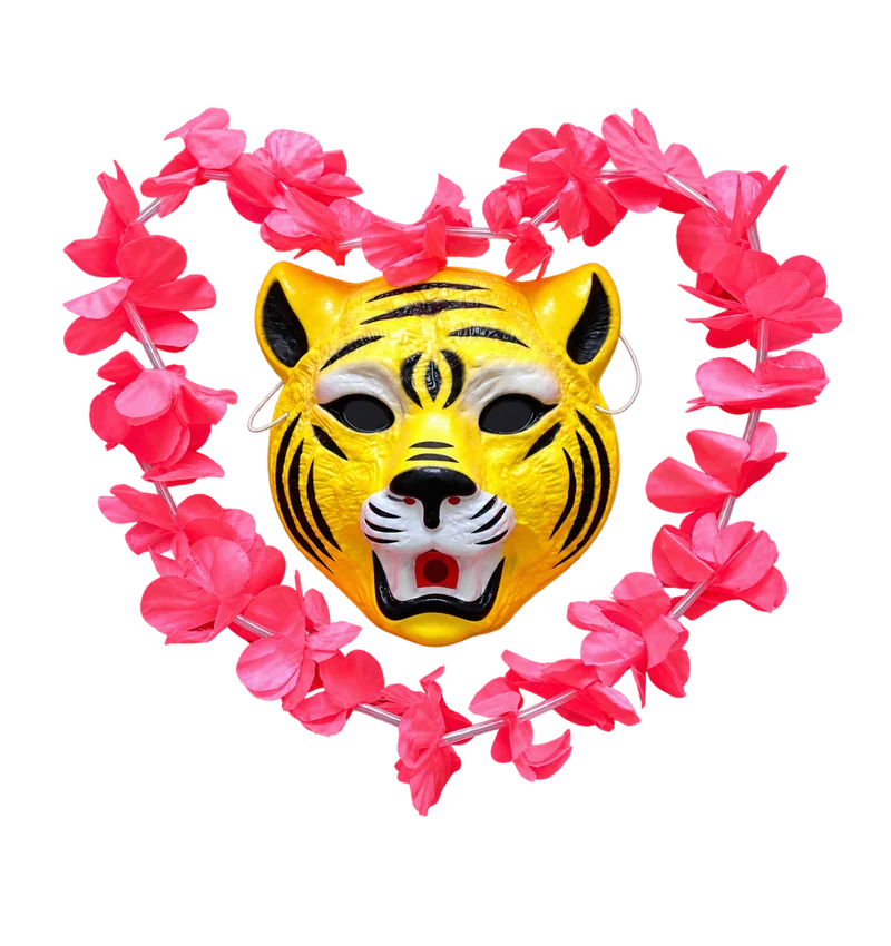 A tiger mask encircled by a heart-shaped garland of pink flowers
